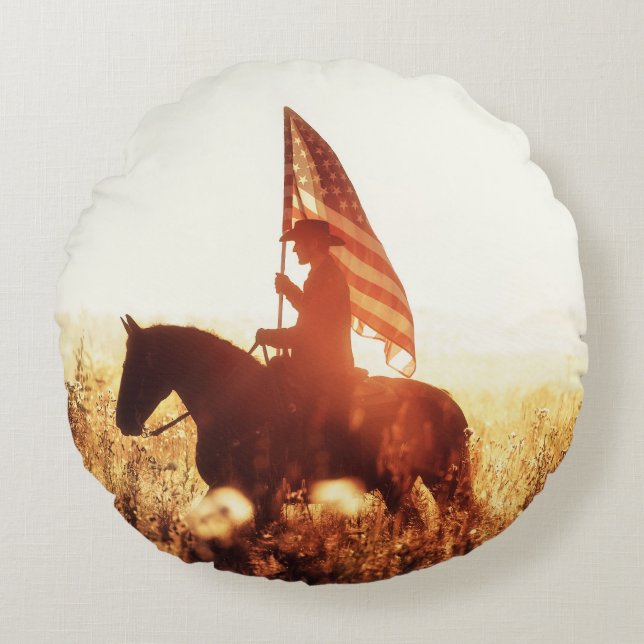 Cowboy Portrait USA Flag Theme. Round Cushion (Front)