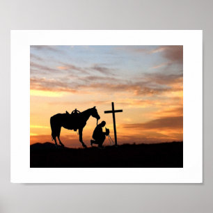 Cowboy Prayer Silhouette With Sunset Poster