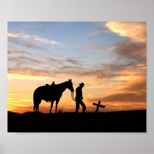 Cowboy Prayer Silhouette With Sunset Poster