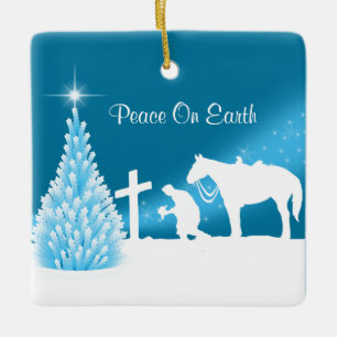 Cowboy Praying Winter Scene Custom Ceramic Ornament