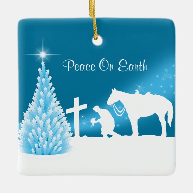 Cowboy Praying Winter Scene Custom Ceramic Ornament (Front)