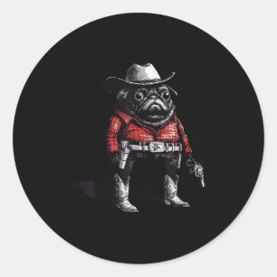 Cowboy Pug Dog Funny Western Outfit Red Pug Cowboy Classic Round Sticker