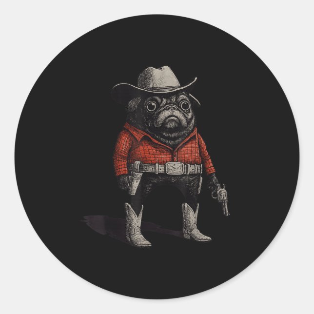 Cowboy Pug Dog Funny Western Outfit Red Pug Cowboy Classic Round Sticker (Front)