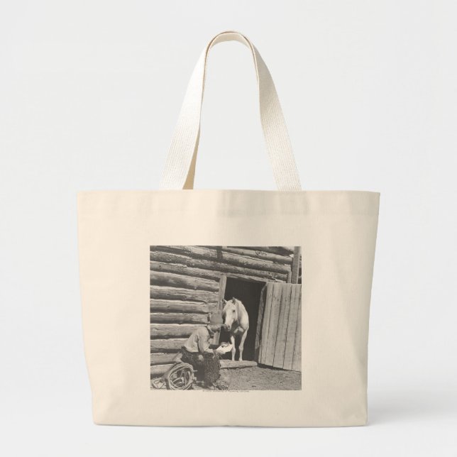 Cowboy reading a letter with a horse large tote bag (Front)