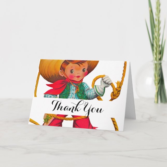 Cowboy Retro Boy Child Cute Western Thank You Card (Front)