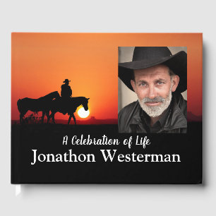 Cowboy Rides Horse at Sunset Celebration of Life G Guest Book