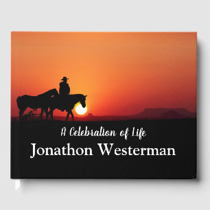 Cowboy Rides Horse at Sunset Celebration of Life Guest Book