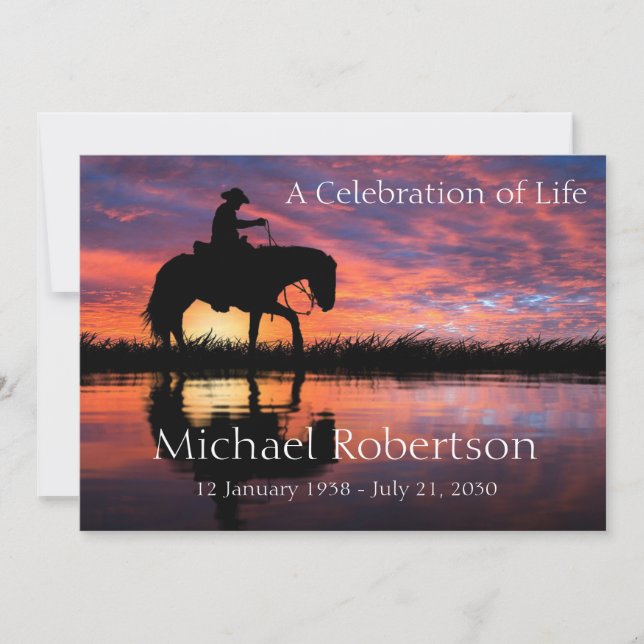 Cowboy Rides Horse at Sunset Celebration of Life Invitation (Front)