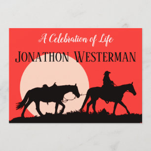Cowboy Rides Horse at Sunset Celebration of Life Invitation