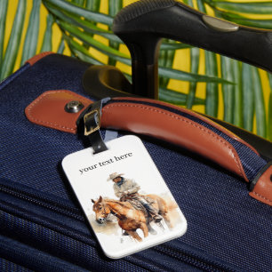 cowboy riding a brown horse too, customisable luggage tag