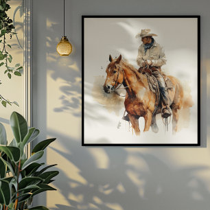 cowboy riding a brown horse too, customisable poster