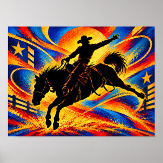 Cowboy Riding a Horse at a Rodeo Silhouette Poster