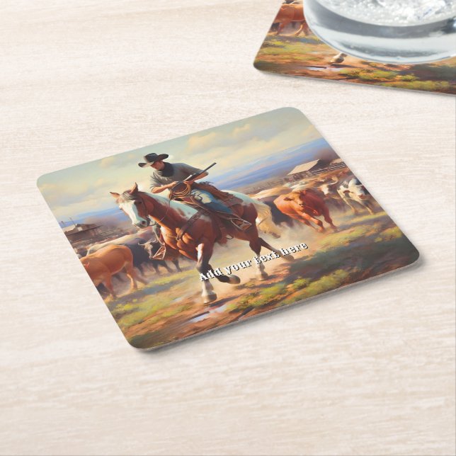 Cowboy Riding a Paint Horse Square Paper Coaster (Angled)