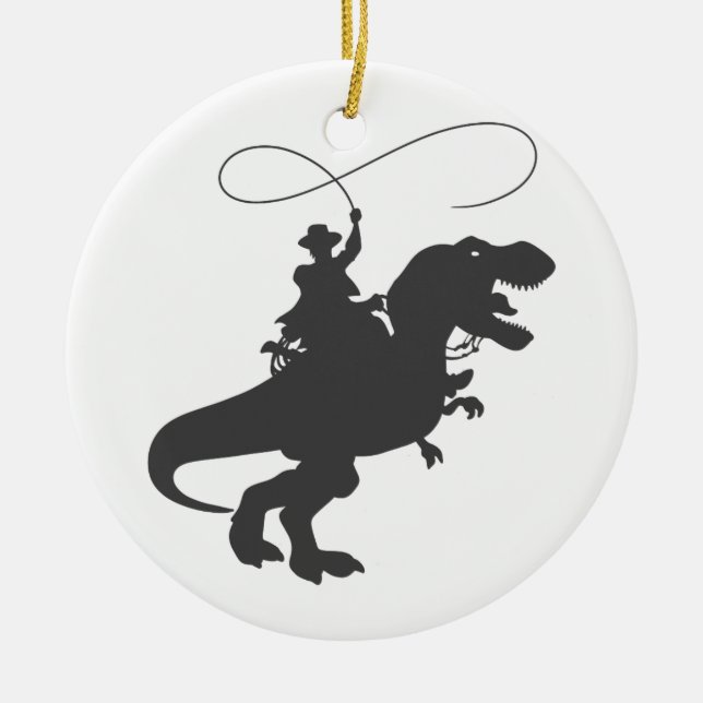 Cowboy riding dinosaur in the prehistoric era ceramic ornament (Front)