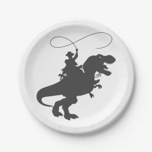 Cowboy riding dinosaur in the prehistoric era paper plate