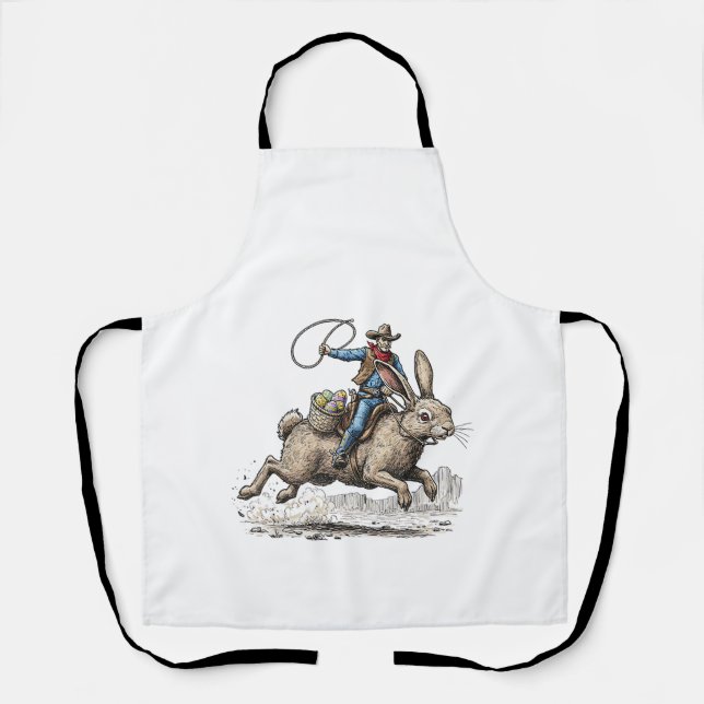 Cowboy Riding Easter Bunny Western Howdy Easter Fu Apron (Front)