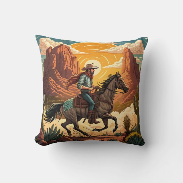 Cowboy Riding Horse at Sunset Cushion (Front)