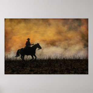 Cowboy Riding the Fire Line of a Praire Burn Poster