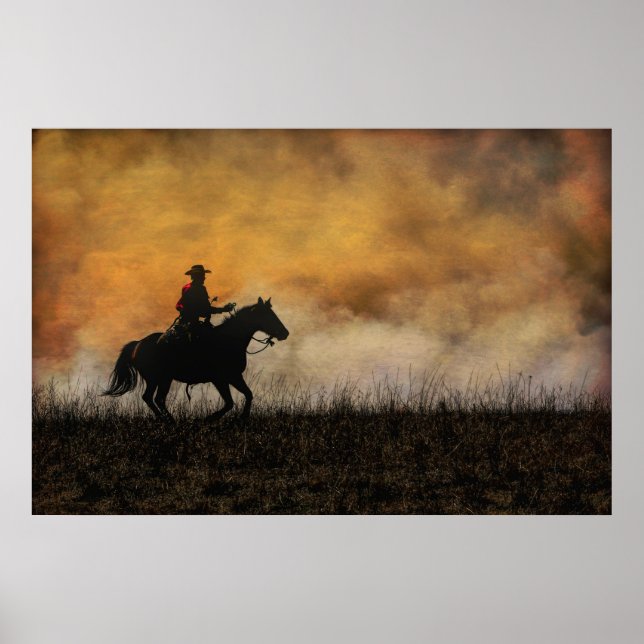 Cowboy Riding the Fire Line of a Praire Burn Poster (Front)