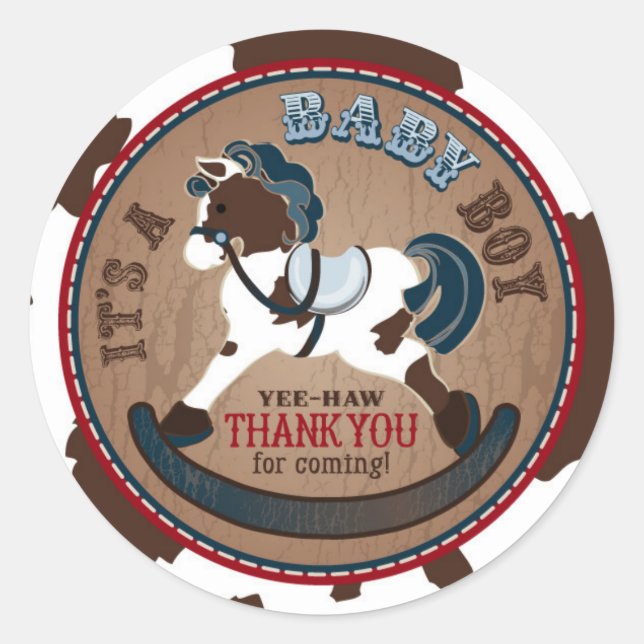 Cowboy Rocking Horse Western Baby Shower Classic Round Sticker (Front)