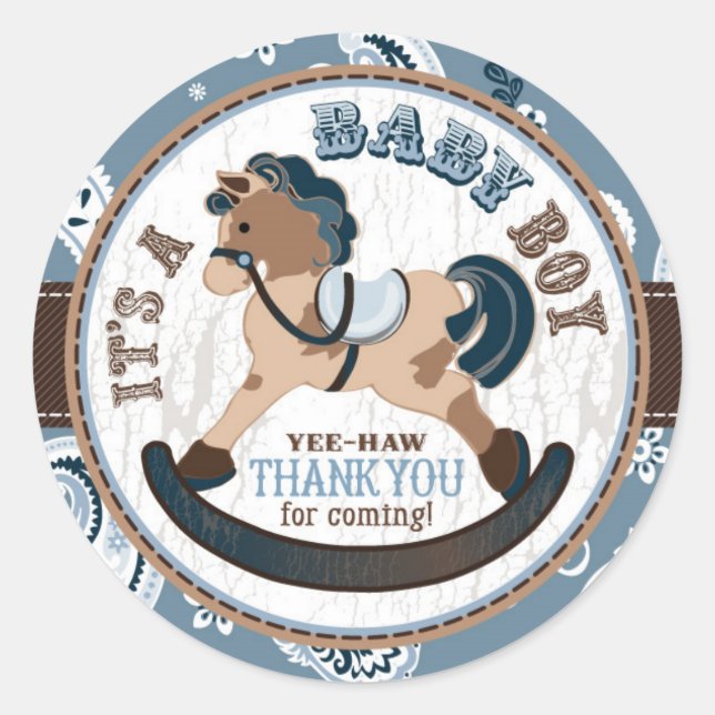 Cowboy Rocking Horse Western Baby Shower Classic Round Sticker (Front)
