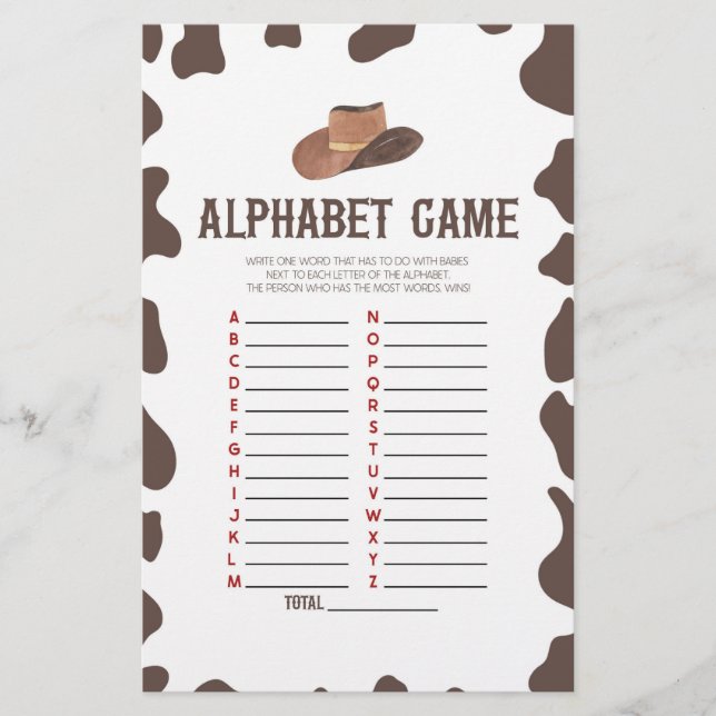 Cowboy Rodeo Western Alphabet Baby Shower Game Stationery (Front)