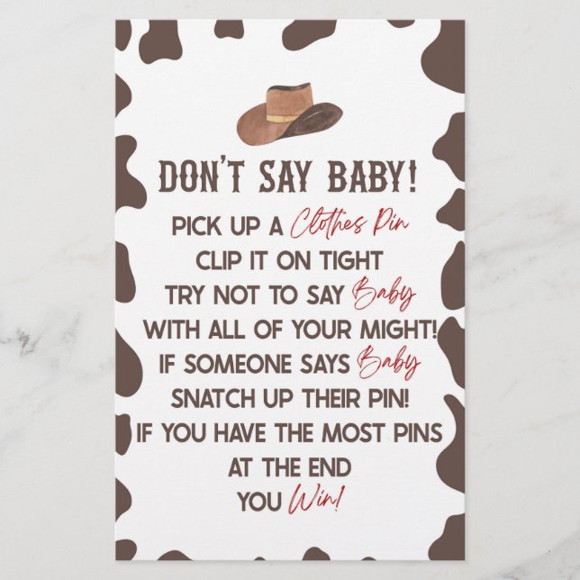 Cowboy Rodeo Western Don't Say Baby Shower Game Stationery (Front)