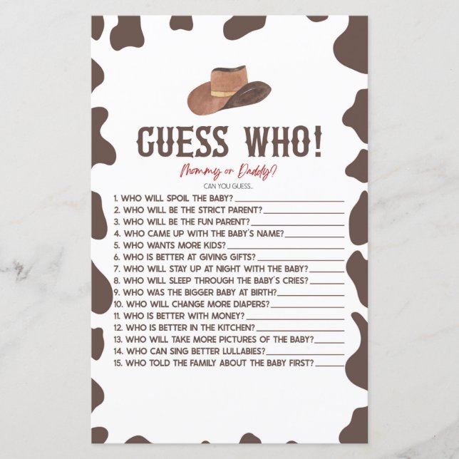 Cowboy Rodeo Western Guess Who Baby Shower Game (Front)