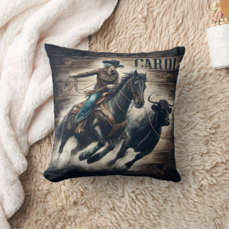 Cowboy Roping a Bull at Rodeo Event Cushion