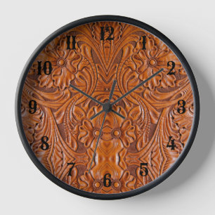 Cowboy Rustic cabin western country leather print Clock