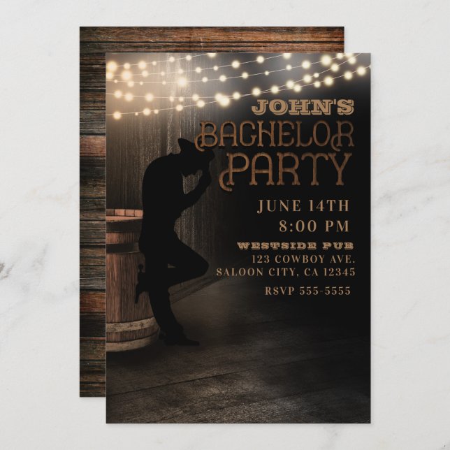 Cowboy Rustic Country Saloon Pub Bachelor Party Invitation (Front/Back)