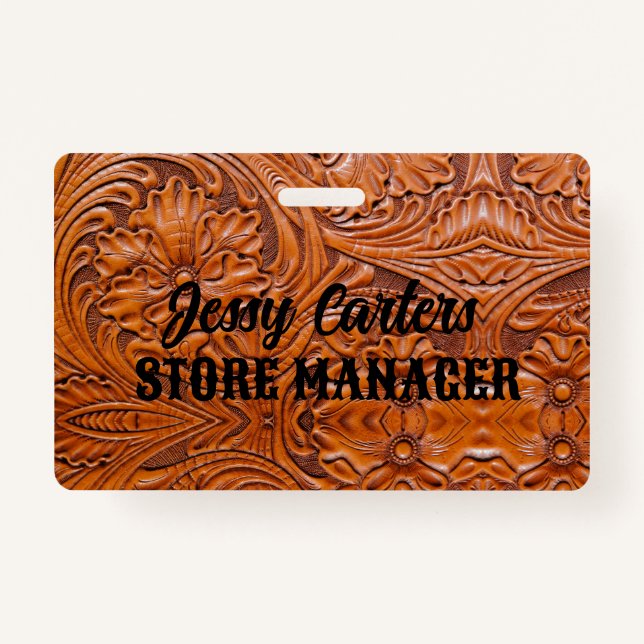 Cowboy Rustic Western Country Tooled Leather  ID Badge (Front)