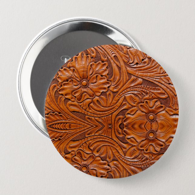 Cowboy Rustic western country tooled leather print 10 Cm Round Badge (Front & Back)