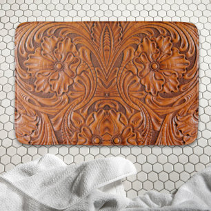 Cowboy Rustic western country tooled leather print Bath Mat