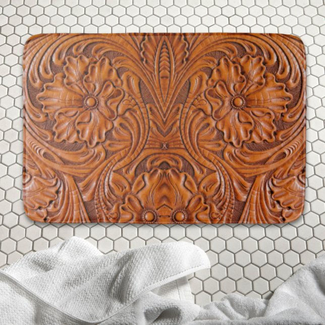 Cowboy Rustic western country tooled leather print Bath Mat (Cowboy Rustic western country tooled leather print Bath Mat)