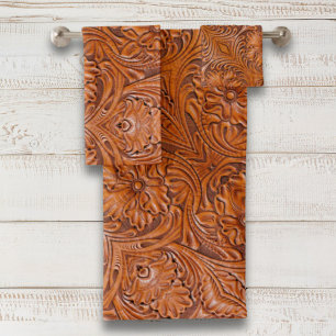 Cowboy Rustic western country tooled leather print Bath Towel Set