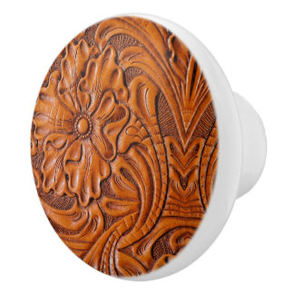 Cowboy Rustic Western Country Tooled Leather Print Ceramic Knob