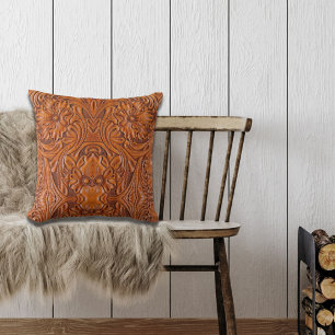 Cowboy Rustic western country tooled leather print Cushion