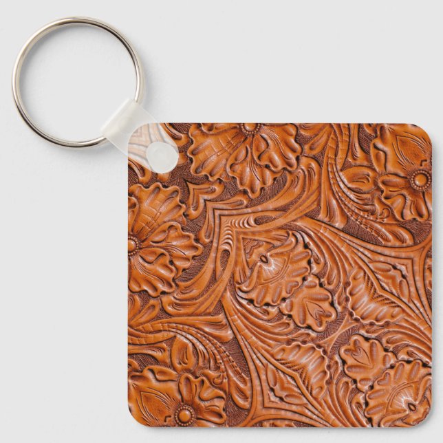 Cowboy Rustic western country tooled leather print Key Ring (Front)