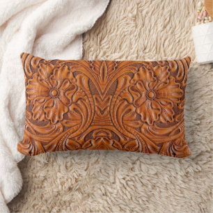 Cowboy Rustic western country tooled leather print Lumbar Cushion