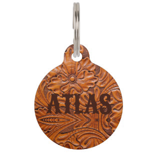 Cowboy Rustic western country tooled leather print Pet Tag