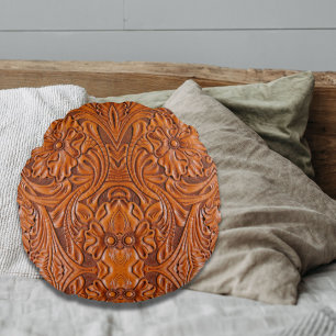 Cowboy Rustic western country tooled leather print Round Cushion
