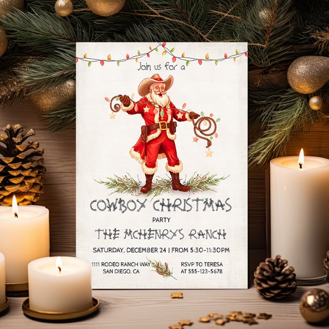 Cowboy Santa Christmas lasso lights Invitation (Creator Uploaded)