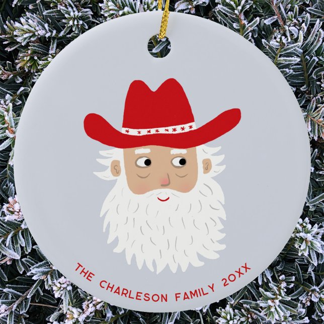 Cowboy Santa Claus Christmas Custom Text Ceramic Ornament (Fun Cowboy Santa Claus Western themed Christmas Holiday ceramic ornament with custom text)