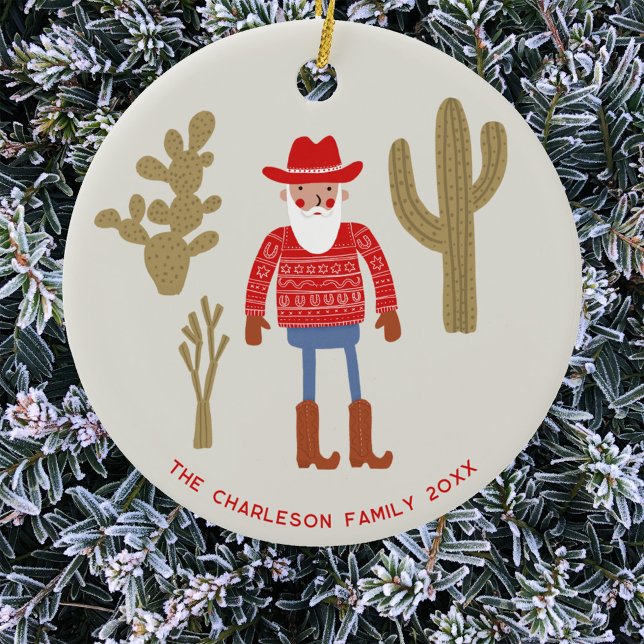 Cowboy Santa Claus Christmas Custom Text Ceramic Ornament (Fun Cowboy Santa Claus Western Christmas Holidays personalized name date ceramic ornament)