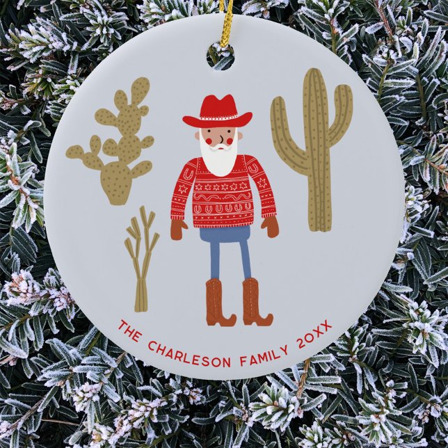 Cowboy Santa Claus Christmas Custom Text Ceramic Ornament (Fun Cowboy Santa Claus Western Christmas Holidays personalized name date ceramic ornament)