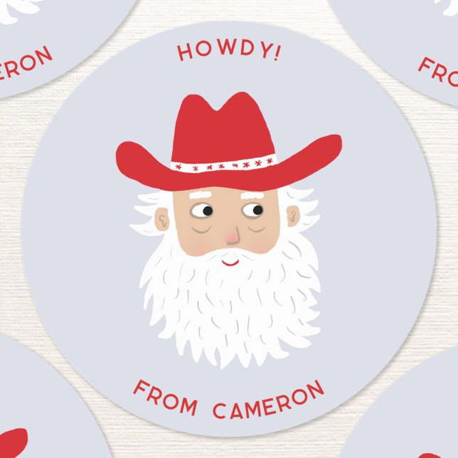 Cowboy Santa Claus Christmas Custom Text Classic Round Sticker (Fun Cowboy Santa Claus Western Christmas Holiday custom text sticker)