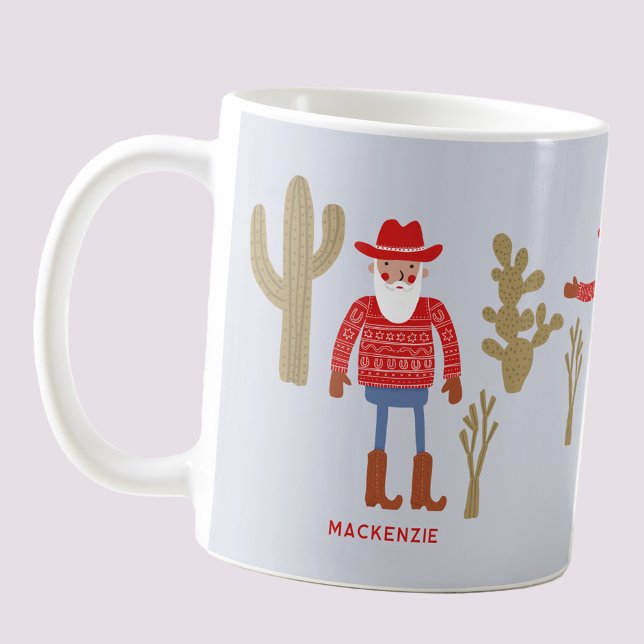Cowboy Santa Claus Christmas Custom Text Coffee Mug (Fun Cowboy Santa Claus personalized custom text  or name Western Christmas ceramic coffee mug)