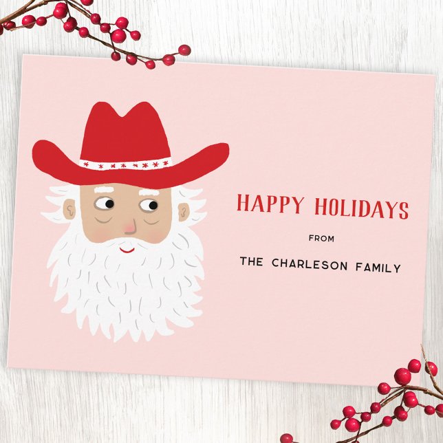 Cowboy Santa Claus Christmas Pink Holiday Postcard (Fun Cowboy Santa Claus Western Christmas custom text personalized holiday postcard)