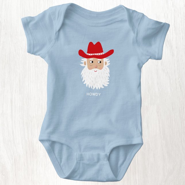 Cowboy Santa Claus Custom Text Christmas Baby Bodysuit (Fun Cowboy Santa Claus Western Christmas custom text personalized baby bodysuit)